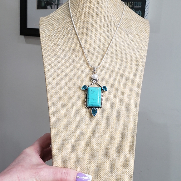 Turquoise necklace, 925 silver turquoise blue topaz pendant necklace - Picture 7 of 14